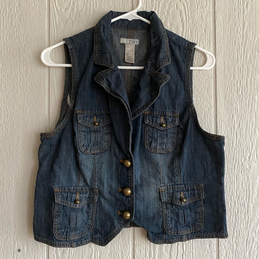 TINT Dark Wash Denim Jean MultiPocket Vest Western Boho Grunge Utility Classic L
